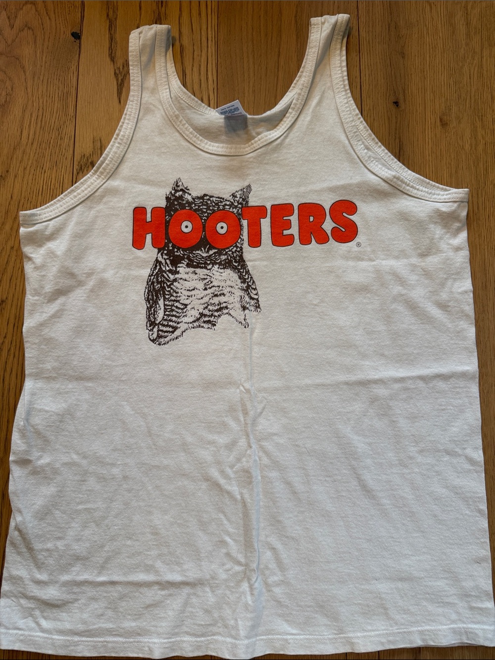 Soffe White Tank Top with Orange Hooters Logo.  Sku#408